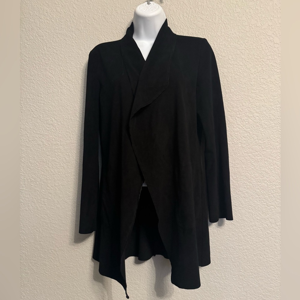William B Faux Suede Elegant Black Blazer with Waterfall Front